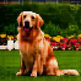 A golden retriever sitting in a garden, rendered in pixel ar