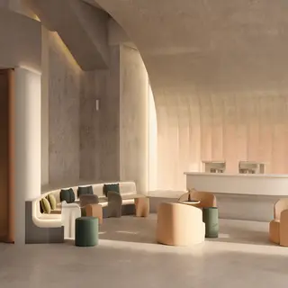 An interior scene rendered in soft brutalism — raw concrete 