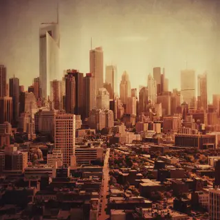 A cityscape rendered in nostalgic futurism — retro-futuristi