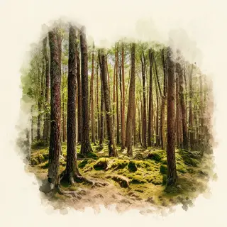 A forest rendered in photorealistic watercolor — the detail 