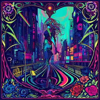 A woman in a futuristic city rendered in cyberpunk Art Nouve