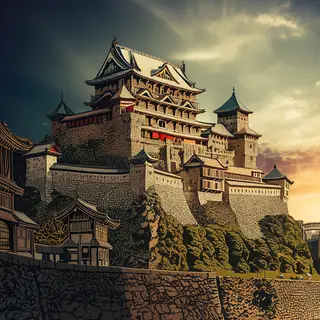 A medieval castle depicted in Japanese ukiyo-e woodblock pri