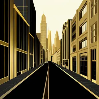 A city street scene in the style of Art Deco — geometric sha