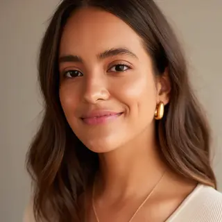 A close-up portrait of a young woman with a warm natural smi