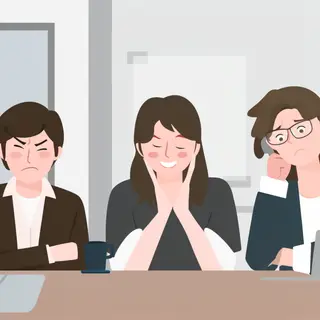 Three coworkers in a meeting: one looking frustrated with fu