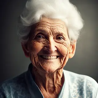 An elderly woman in her 80s with deep wrinkles and white hai
