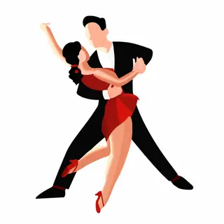 Two tango dancers in a close embrace, the man dipping the wo
