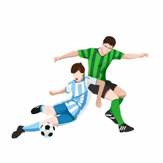 Two soccer players mid-tackle, one sliding and the other jum