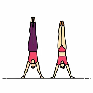 Two gymnasts performing a synchronized handstand, side by si