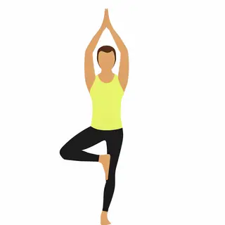 A person in a yoga tree pose — standing on one leg with the 