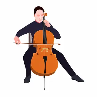 A cellist seated with correct posture, legs around the instr