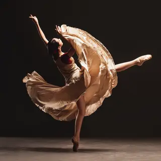 A dancer in a dynamic spin, dress flowing outward with one l