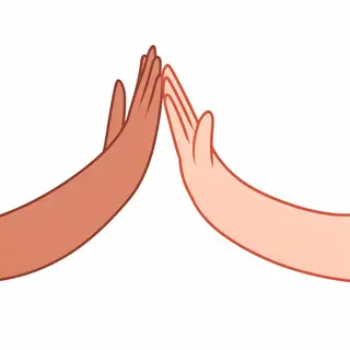 Two people doing a high-five, palms meeting with all fingers