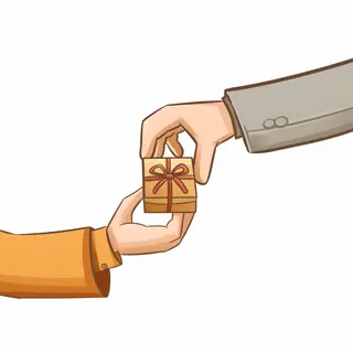 One person handing a small gift box to another person, both 