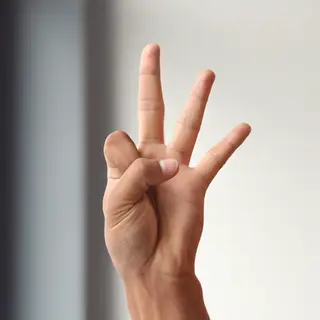 A person counting to three on their fingers, with index, mid