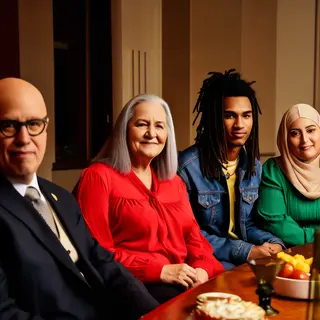 Four people at a dinner table: a bald man in a suit, a woman