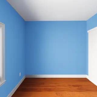 A room with walls in #4A90D9 (medium blue) with warm wooden 