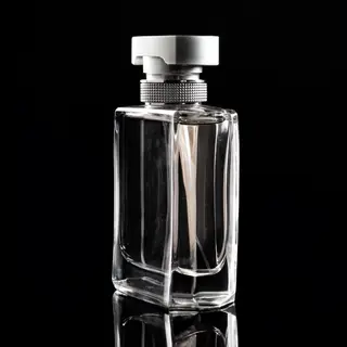 A clear glass perfume bottle on a reflective black surface w