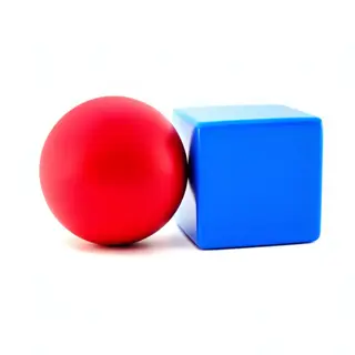 A red ball and a blue cube sitting side by side on a white s