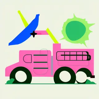A pink fire truck, a blue banana, and a green sun in a surre