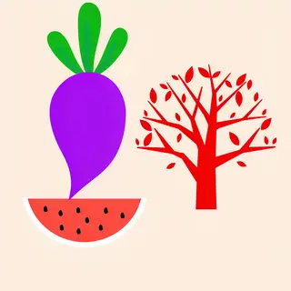 A purple carrot, a red tree with red leaves, and a white wat