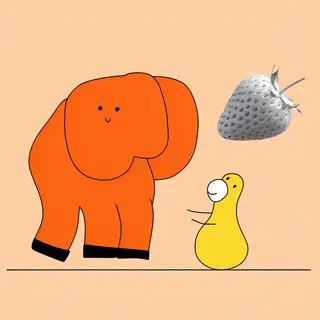 An orange elephant, a yellow penguin, and a silver strawberr