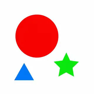 A large red circle, a small blue triangle, and a medium gree