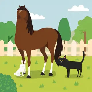 A big brown horse, a small white rabbit, and a medium-sized 