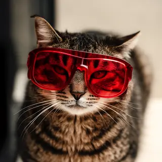 A tabby cat wearing oversized red sunglasses