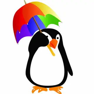 A penguin holding a colorful umbrella