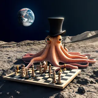 An octopus wearing a top hat and monocle playing chess on th