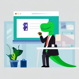 A dinosaur in a business suit giving a PowerPoint presentati