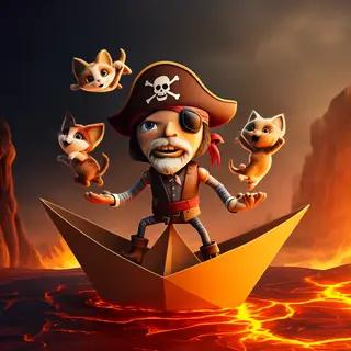 A robot dressed as a pirate sailing a paper boat on a lake o