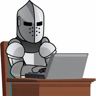 A medieval knight in full armor sitting at a desk typing on 