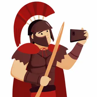 A Roman gladiator taking a selfie with a smartphone in the C