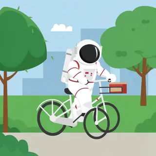 An astronaut in a spacesuit riding a bicycle through a park