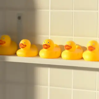 Exactly 5 yellow rubber ducks sitting in a row on a bathroom