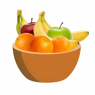 A fruit bowl containing exactly 3 bananas, 4 oranges, and 2 