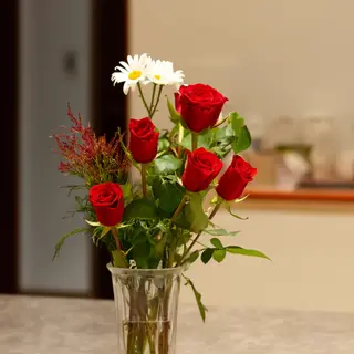 4 red roses and 2 white daisies in a glass vase on a table