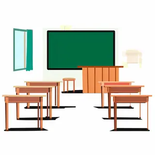 A classroom with desks and a chalkboard but no students