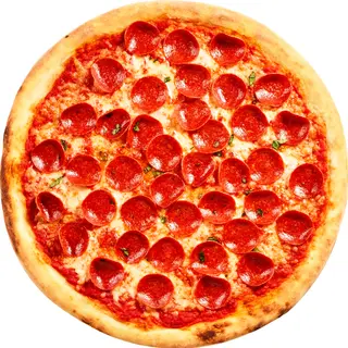A pepperoni pizza with tomato sauce, basil, and crust but ab