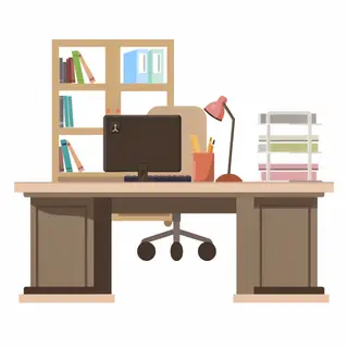 An office workspace with a desk, chair, bookshelf, and lamp 