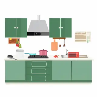 A kitchen with pots, pans, a stove, and a cutting board but 