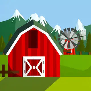 A landscape with a red barn in the foreground at large scale