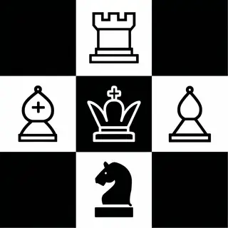Five chess pieces on a board: a king in the center, a queen 