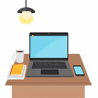 A desk scene: laptop in the center, coffee mug to the left, 