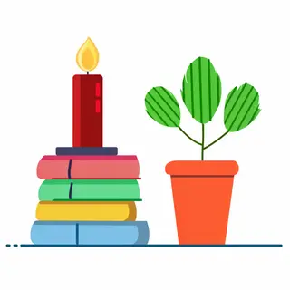 A candle on top of a stack of books, the books next to a pot