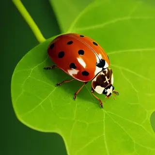 A ladybug sitting on a large green leaf, shown at realistic 