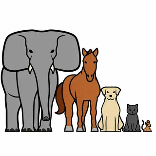 A group photo of an elephant, a horse, a dog, a cat, and a m