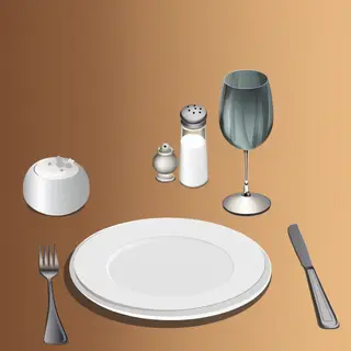 A dinner table scene with a plate, fork, knife, wine glass, 